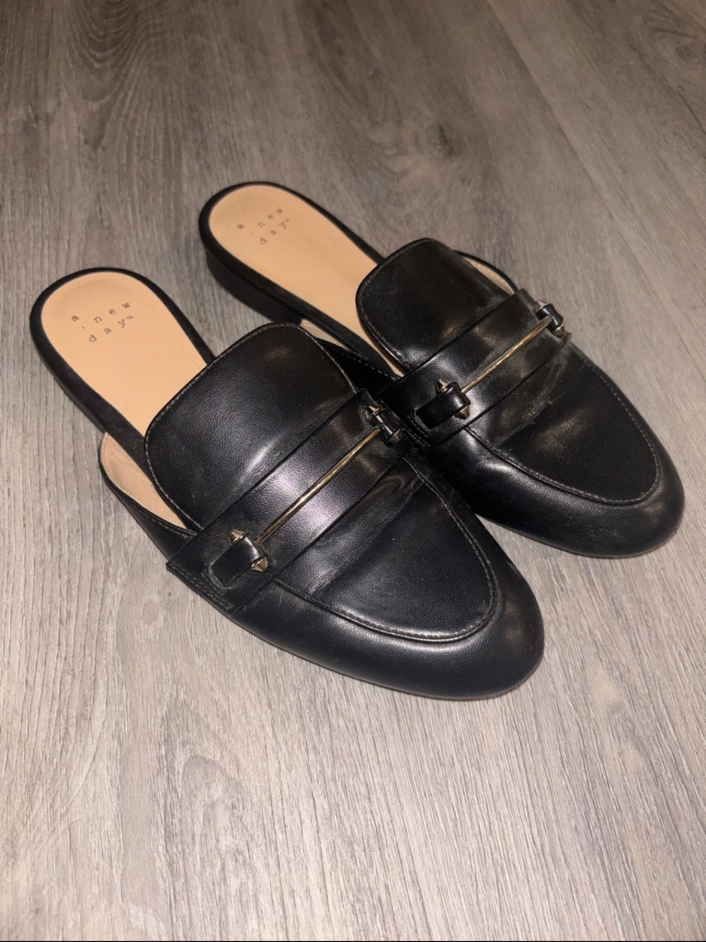 a new day Black Leather Backless Loafer Mules